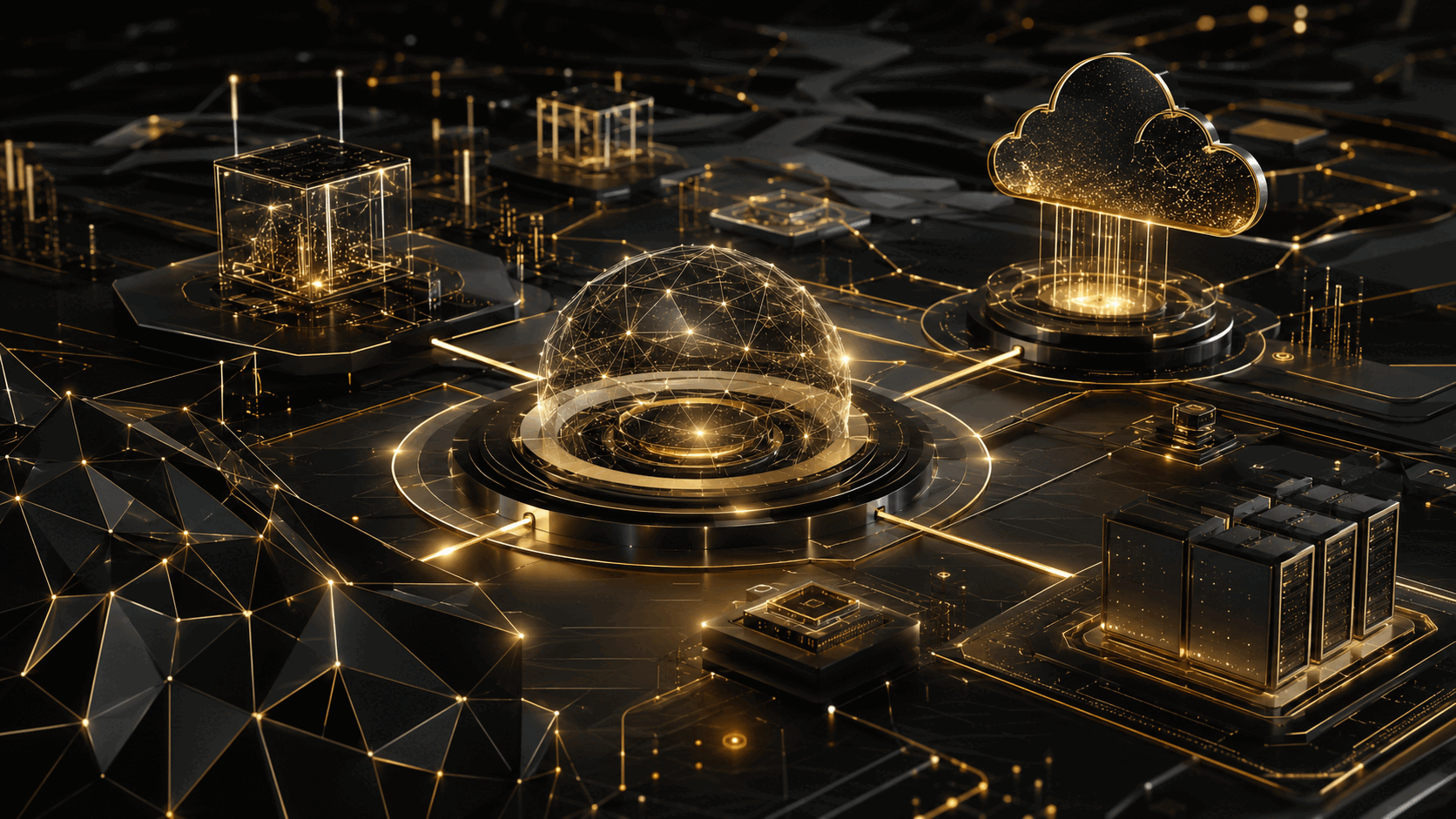 Abstract gold and charcoal pathways representing connected technology services